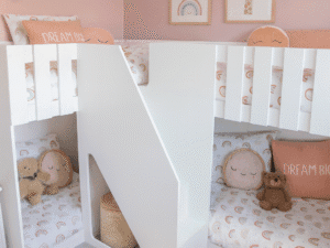 Funky Bunk Beds Corner Quad Sleeper with front stairs – space saving 4 person bunk bed for kids bedroom