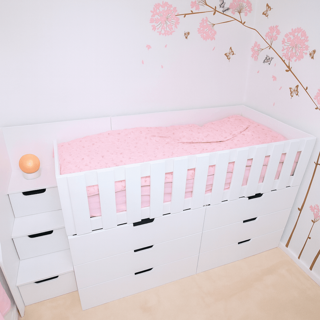 High Sleeper bed with stairs and drawers in the stairs. 6 deep drawers under bed with pink tree mural on the wall.