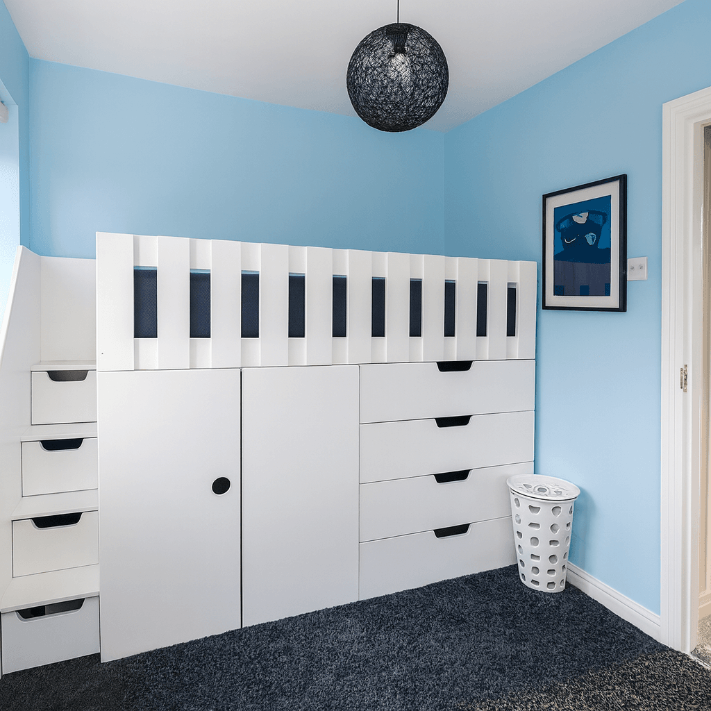 Storage High Sleeper bed with 4 drawers and 2 door cupboard and drawers in the staurs.