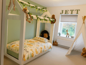 House Frame bed in jungle themed bedroom.