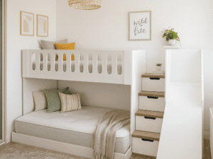 standard triple sleeper with double on bottom, drawers in the stairs, slide.
