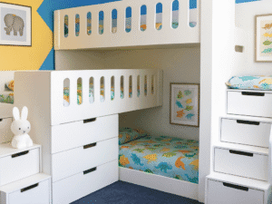 Jenga Triple bunk bed - Funky Bunk Beds. Sleeping three children, with drawers under middle bunk and drawers in the stairs to both beds.