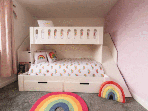 bunk bed with stairs and slide and double on bottom, in white.