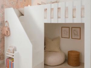 High sleeper with stairs on the front of the bed creating hideaway space under bed
