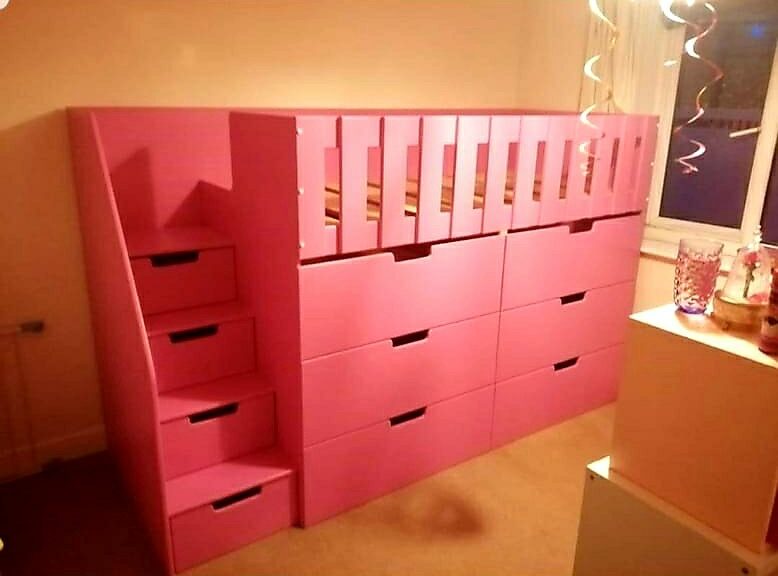 Storage Mid High Sleeper with drawers. Drawers in the stairs bed. In pink with stairs
