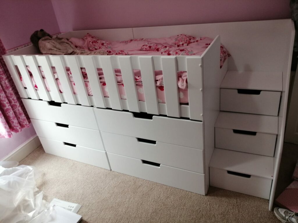 Storage Mid High Sleeper with drawers. Drawers in the stairs bed. In white with stairs