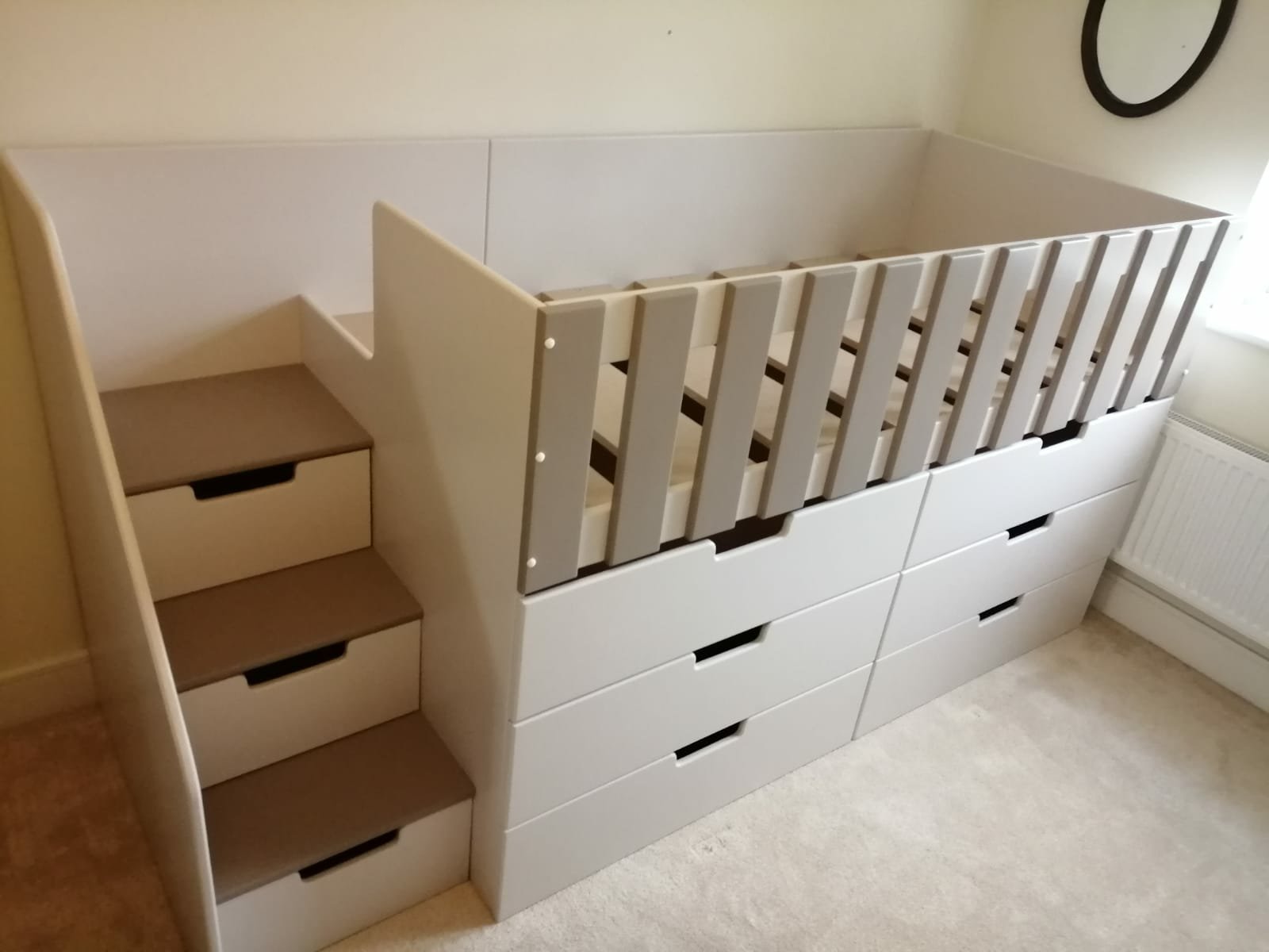 Storage Mid High Sleeper with drawers. Drawers in the stairs bed. Neutral Colours