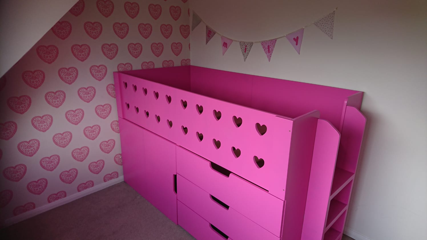 Storage High Sleeper With Ladder. Wardrobe And Drawers. Girls Cabin Bed. Pink Mid Sleeper.Bespoke. Heart Cut Outs On Top Rail. Drawers Or Wardrobe Underneath The Bed