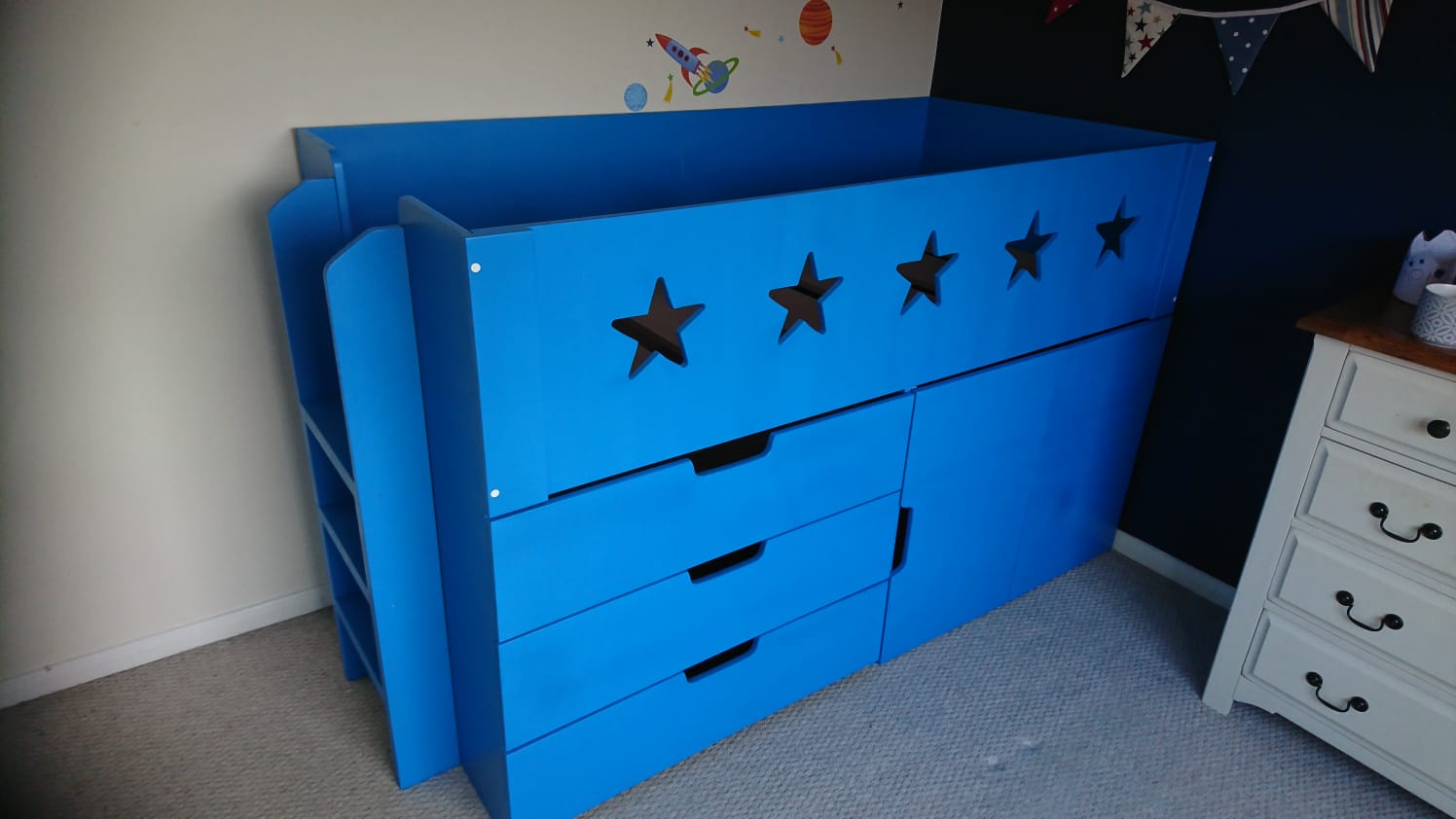 Storage High Sleeper With Ladder. Wardrobe And Drawers. Boys Cabin Bed. Blue Mid Sleeper.Bespoke. Star Cut Outs On Top Rail. Drawers Or Wardrobe Underneath The Bed
