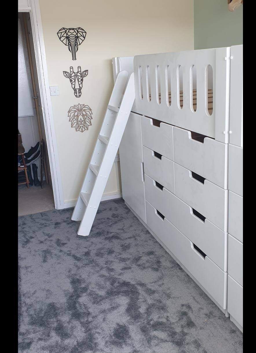 Storage High Sleeper With Ladder. Wardrobe And Drawers. White Cabin Bed, Mid Sleeper. Bespoke Design. Drawers Or Wardrobe Underneath The Bed