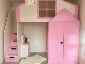 High Rise Kingdom Themed bed in girls bedroom with wardrobe and drawers intergrated into the bed frame.