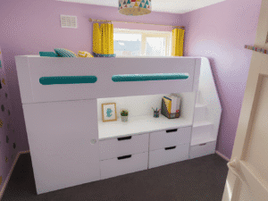 High sleeper bed with drawers wardrobe and stairs.