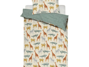 Kids Jungle Jamboree single duvet cover set featuring colorful giraffes, zebras, leopards, and crocodiles on a beige background with a green reversible side.