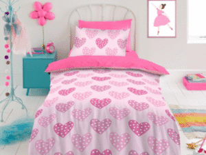 White wooden bunk bed with heart-shaped cutouts styled with the Love Hearts Children’s Duvet Cover Set, featuring pink polka-dot heart bedding in a modern kids’ bedroom with grey carpet and white furniture.