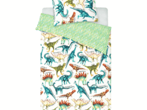 White bunk bed with star cutouts dressed in Kids Jurassic Jamboree dinosaur duvet cover sets on both bunks, featuring bright dinosaur patterns and green gingham sheets in a vibrant green children’s bedroom