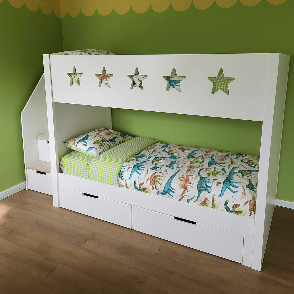 Kids Jurassic Jamboree single duvet cover set featuring colorful dinosaur prints with T-Rex, Stegosaurus, and Triceratops on a white background, paired with a green gingham reversible side and matching pillowcase.