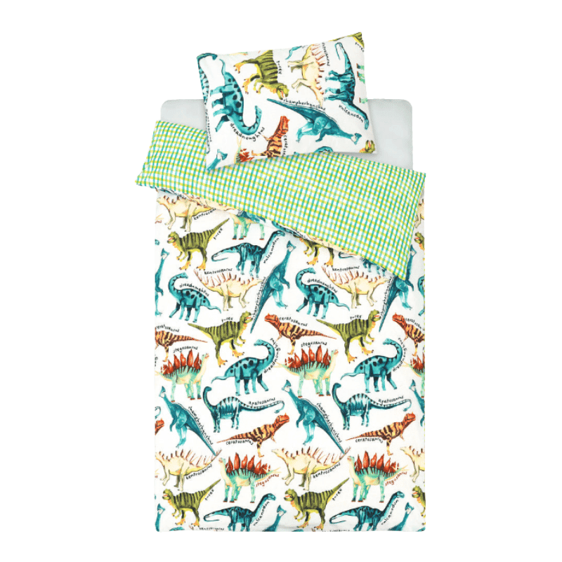 White bunk bed with star cutouts dressed in Kids Jurassic Jamboree dinosaur duvet cover sets on both bunks, featuring bright dinosaur patterns and green gingham sheets in a vibrant green children’s bedroom