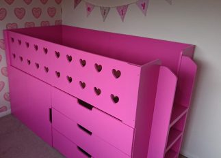 Storage Mid High Sleeper with drawers and cupboard. Ladder bed. In pink. Heart Cut outs